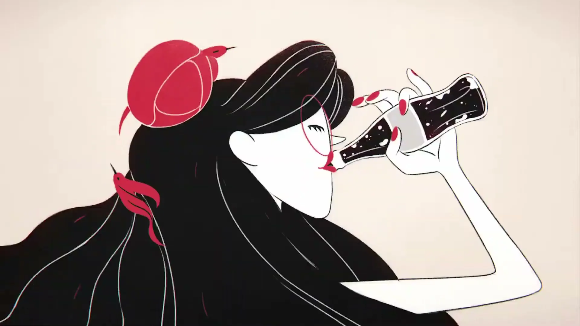 A stylized animated gorilla with a red and white headband transforms into a woman with long black hair and glasses, drinking from a Coca-Cola bottle.