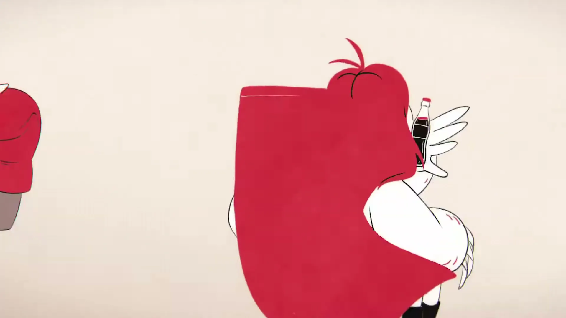 A cartoon female character with red hair and a red cape holds a Coca-Cola bottle while sitting on a large red letter 'K'.
