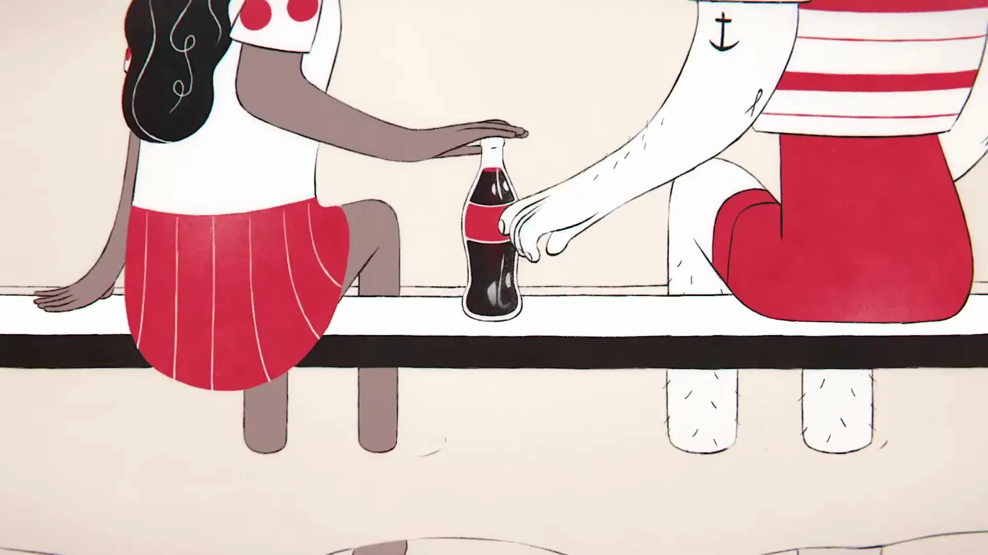 Two animated people sit on a dock, a Coca-Cola bottle between them, as one reaches for it.