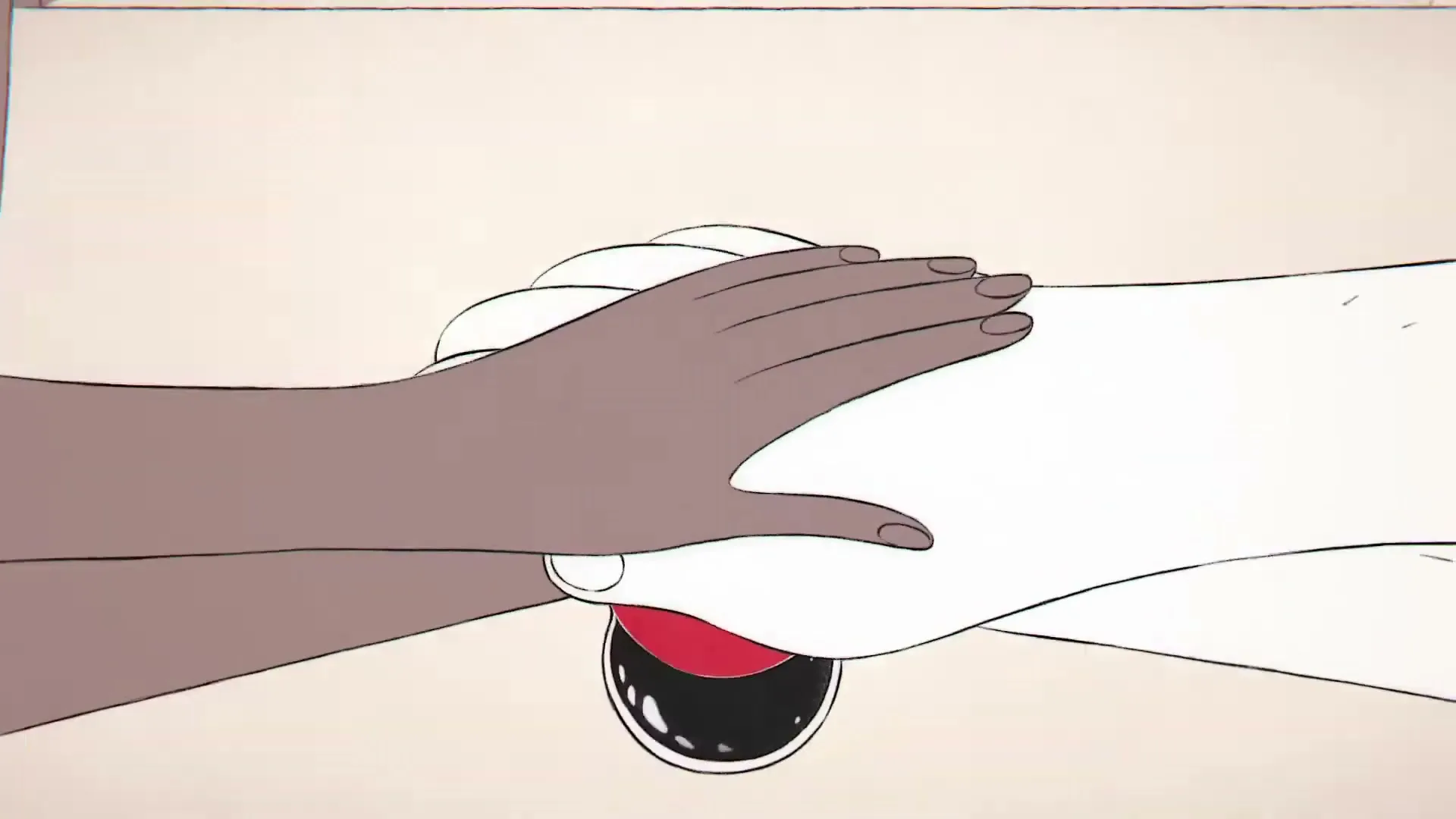 Two animated hands, one dark-skinned and one light-skinned, gently hold a stylized Coca-Cola bottle in a close-up shot.