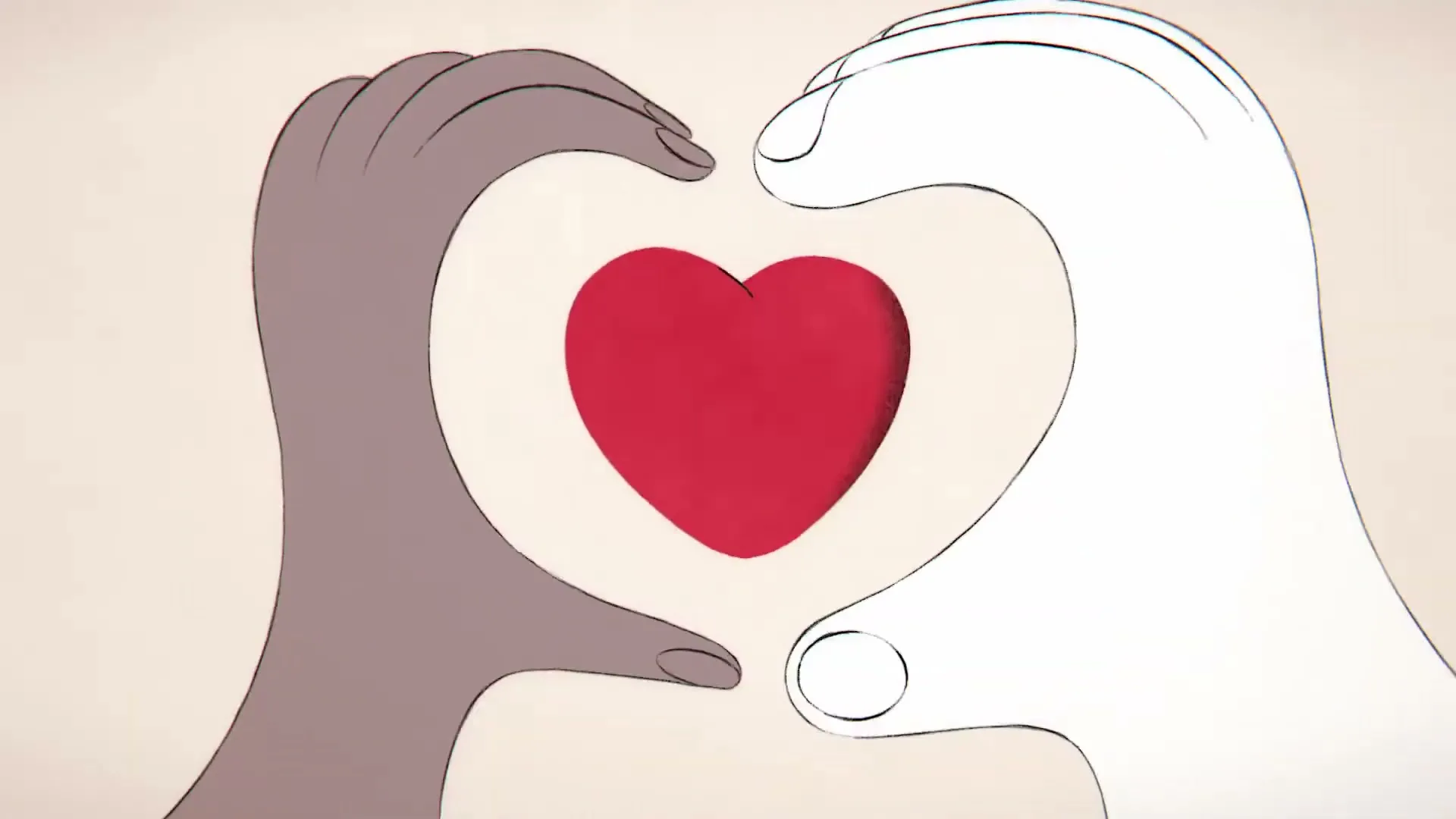 Two animated hands, one light-skinned and one dark-skinned, form a heart shape around a red heart on a light background.