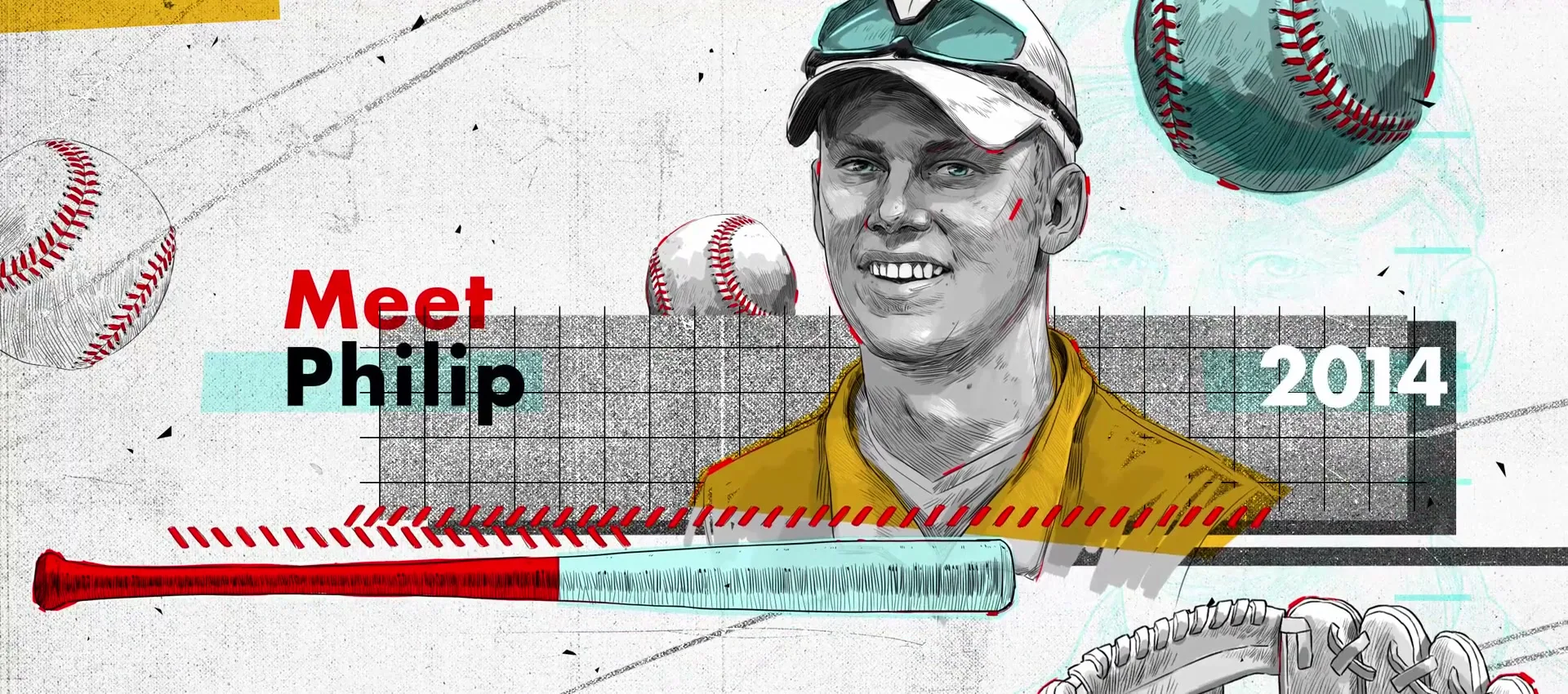 A young man in a baseball cap smiles, surrounded by baseballs, a bat, and a glove, with "Meet Philip" and "2014" text on a textured background.