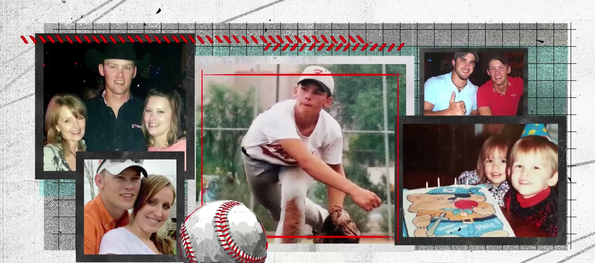 A collage of family photos, including a young boy playing baseball, appears on a textured background with a baseball graphic.