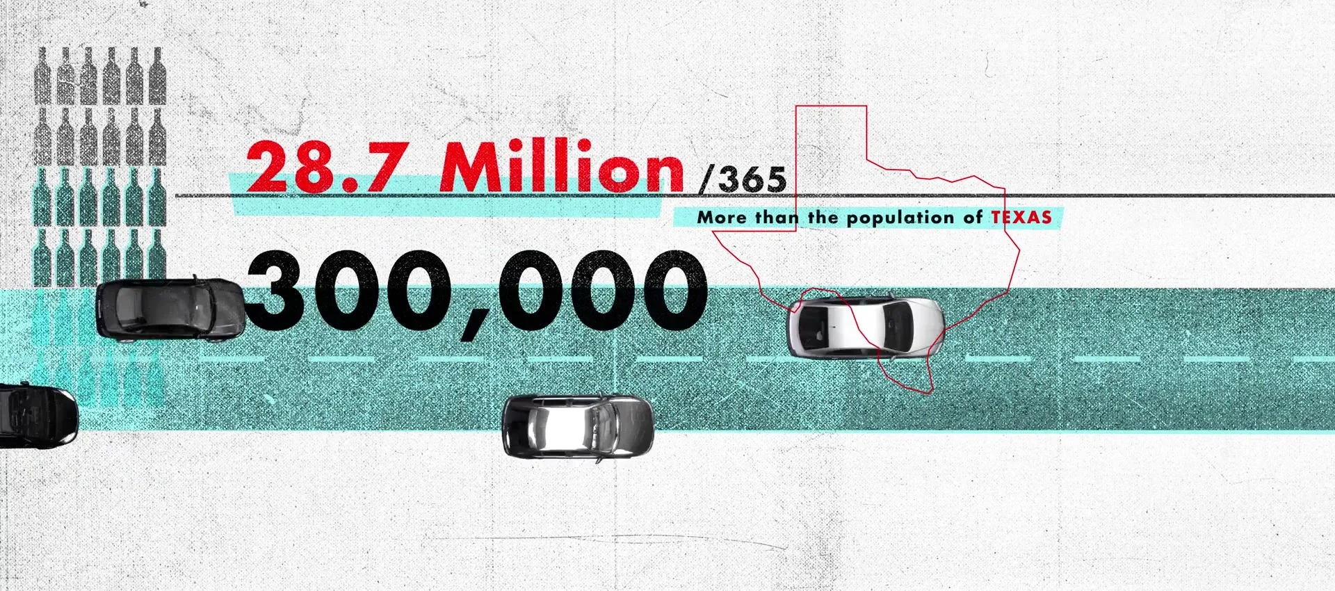 The shot transitions from a collage of photos and text to an animated map of Texas with cars on a road, then to an overhead view of a city grid with a red octagon.