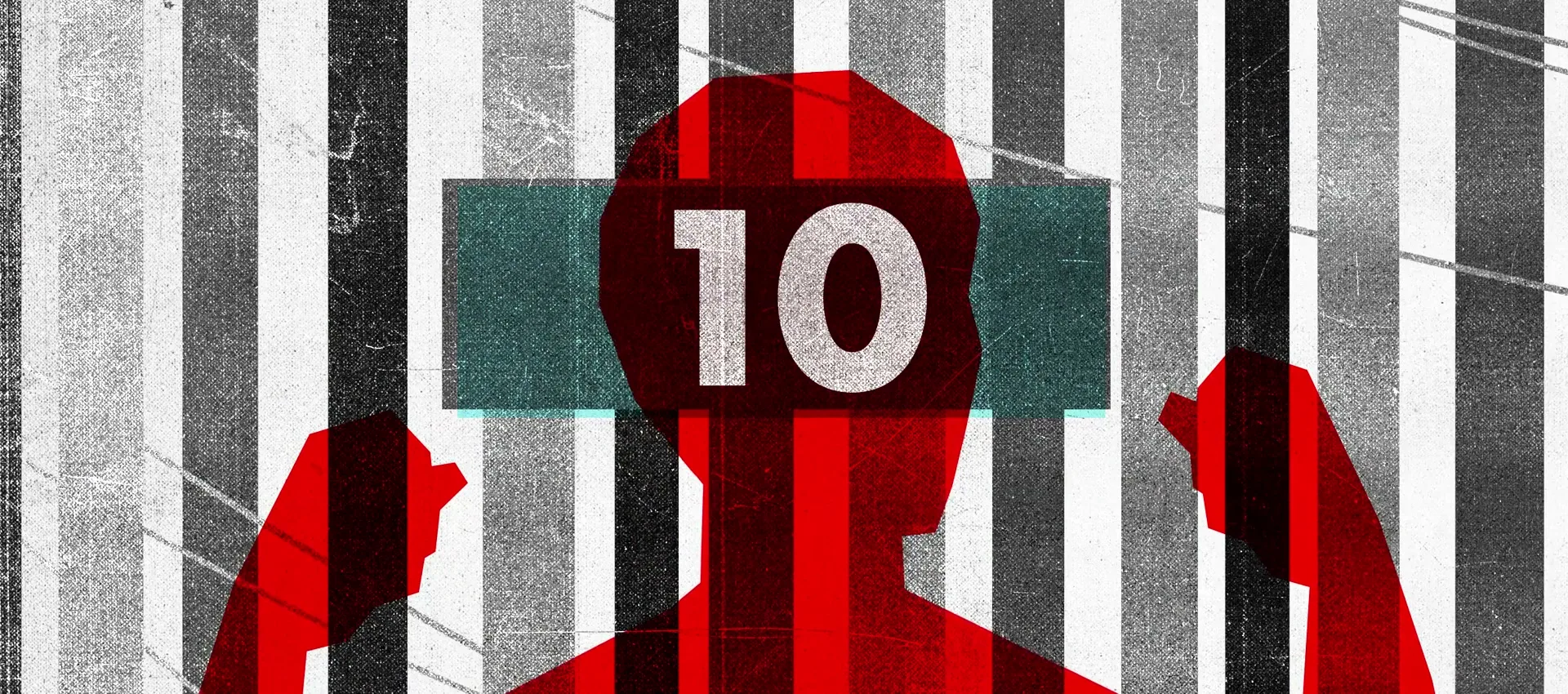 A red silhouette of a person with the number "10" across their eyes is shown against a background of black and white vertical bars.