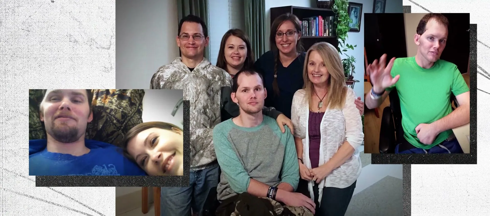 A collage of family photos shows a young man with his family, including a photo of him in a wheelchair and another of him waving.