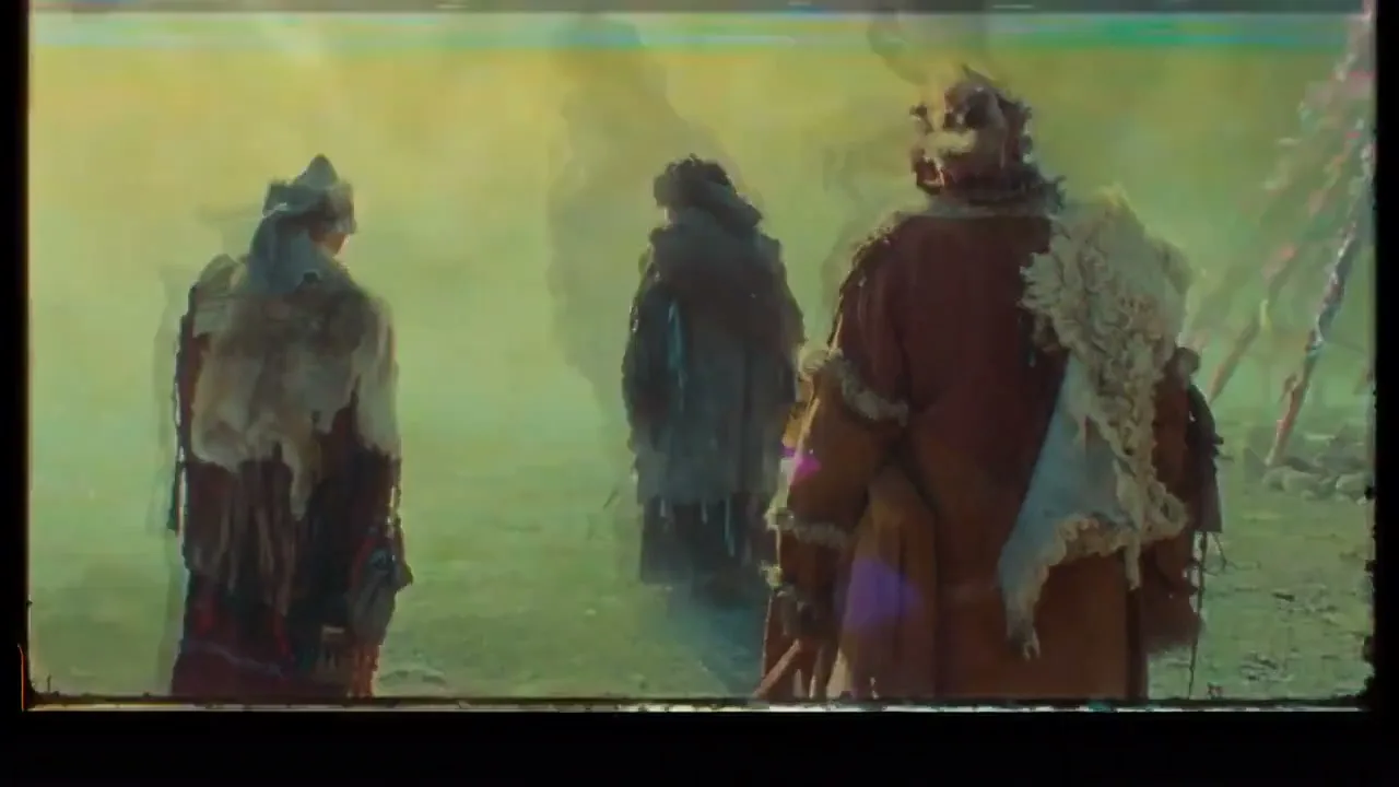 Three figures in traditional, fur-trimmed clothing stand with their backs to the camera, facing a bright green, hazy background with digital distortion.