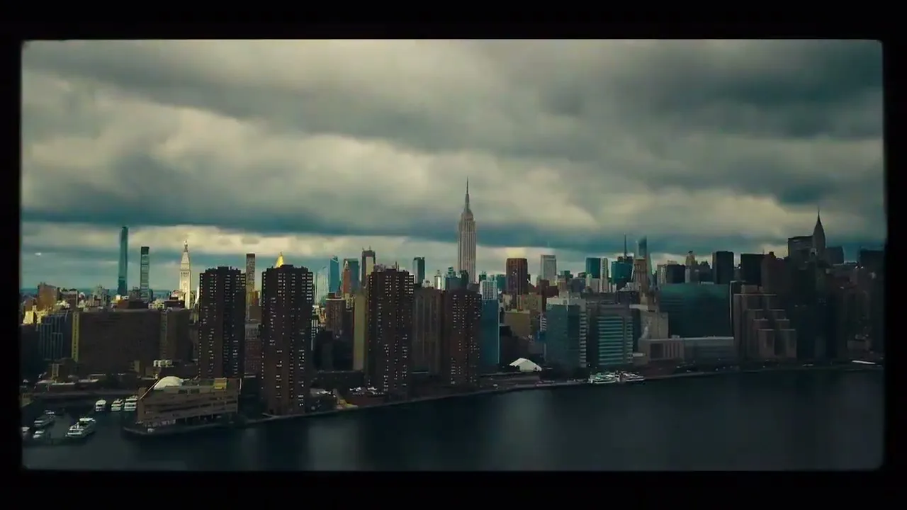 An aerial view of the New York City skyline with the Empire State Building prominent, under a dramatic, color-shifting sky.