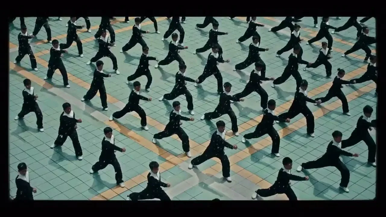 A large group of young men in matching black and white uniforms perform synchronized martial arts movements on a tiled outdoor plaza.