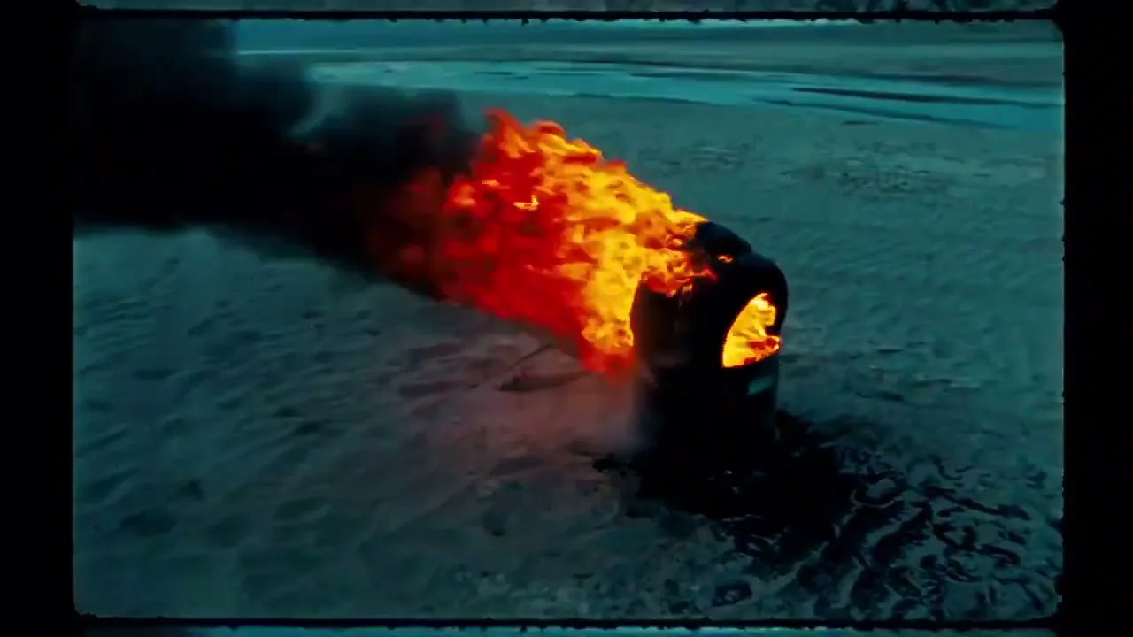 A burning barrel with bright orange flames and thick black smoke lies on a sandy, desolate landscape next to a body of water.