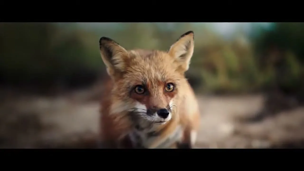 A beautiful red fox with bright eyes looks directly at the camera, standing on a dirt path in a natural, outdoor setting.