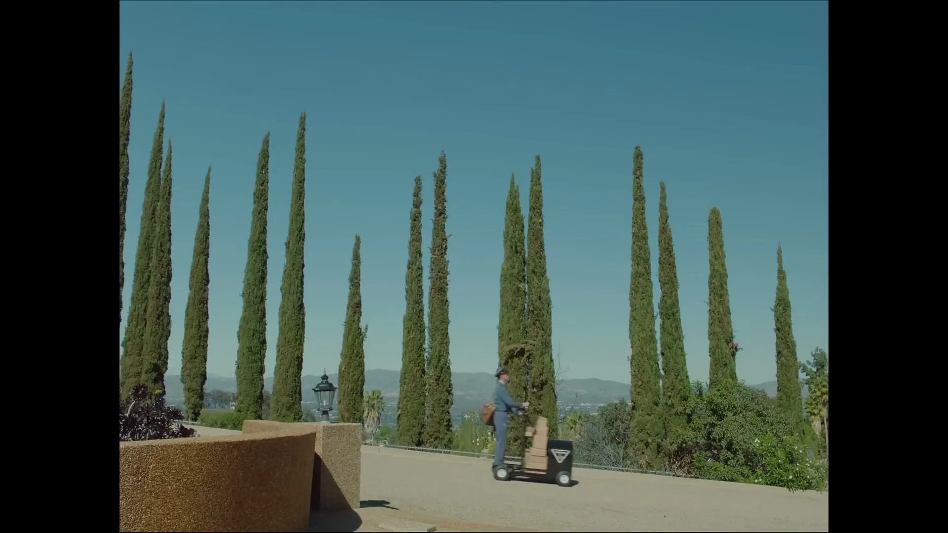 A delivery person on a small vehicle drives up a long driveway lined with tall, slender trees under a clear blue sky.