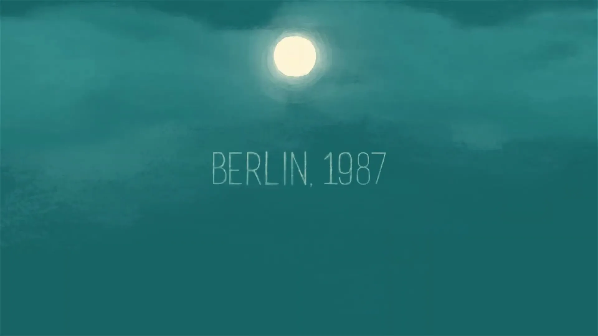 Animated text "BASED ON A TRUE STORY" appears, then changes to "BERLIN, 1987" with a bright moon and light rays, against a teal sky.