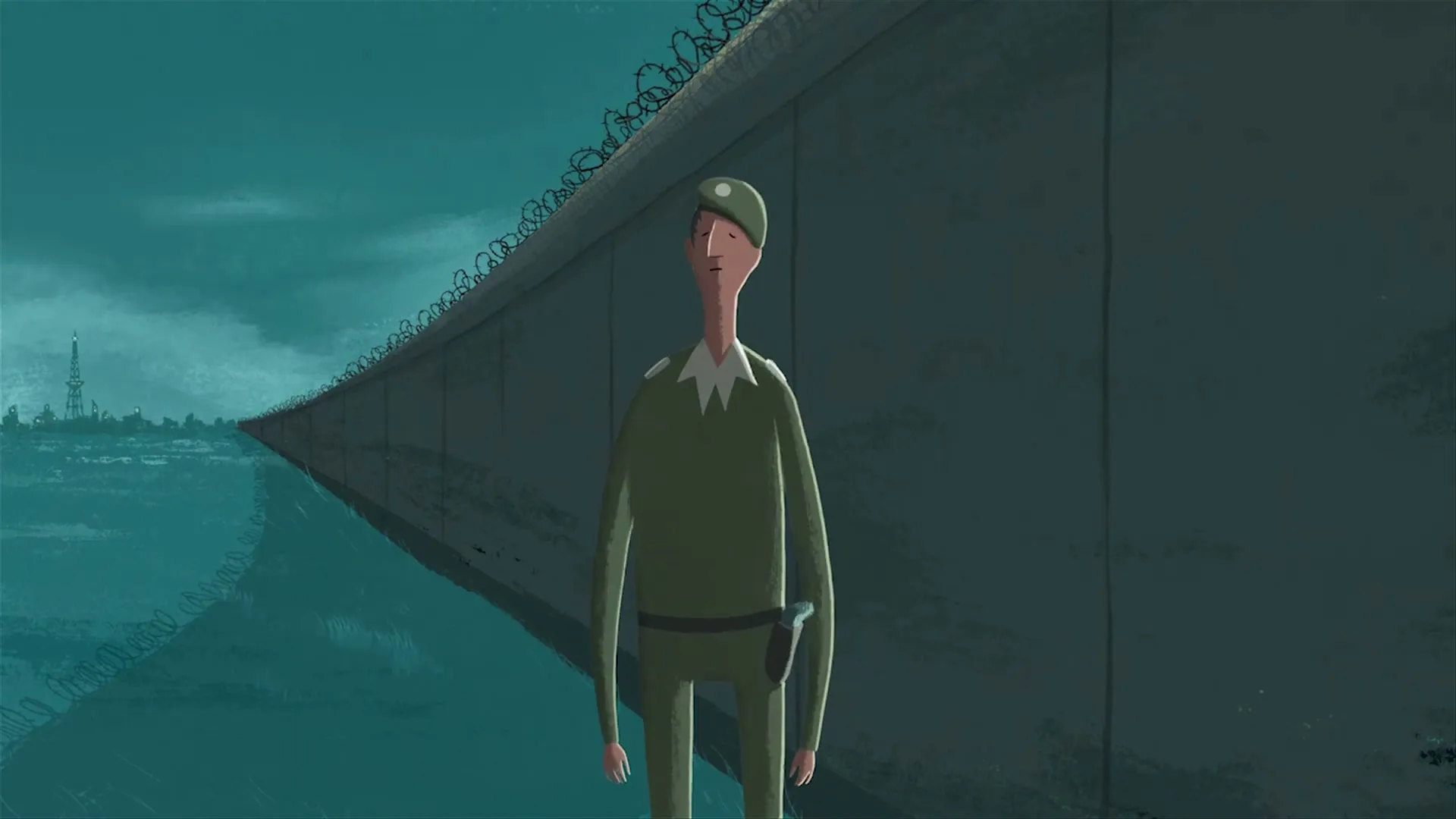 An animated male guard in a green uniform stands next to the Berlin Wall, then walks away, with the Eiffel Tower visible in the distance.
