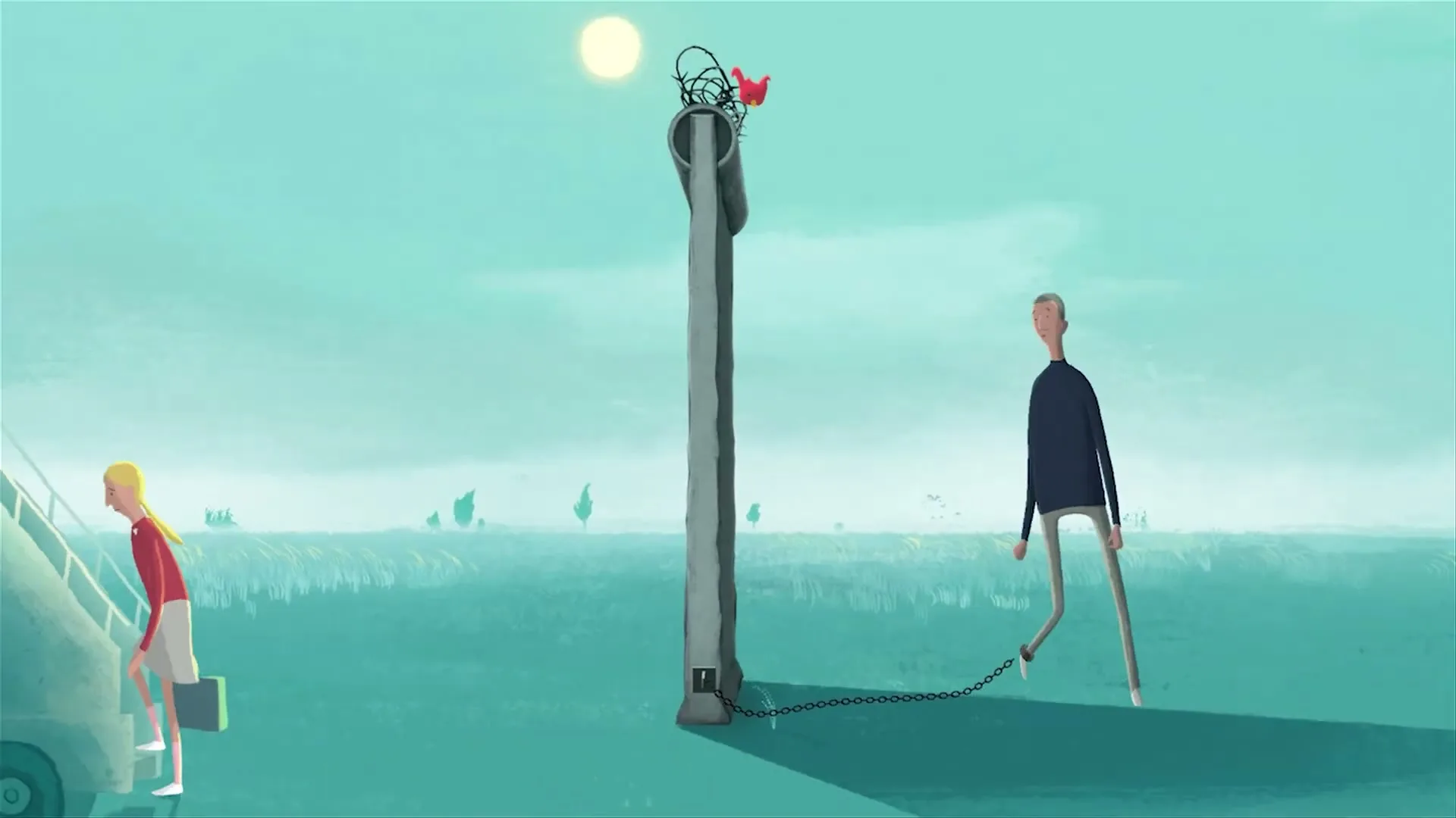 An animated man is chained to a wall, while a woman and child try to pull him away, as a bus drives off in the distance.