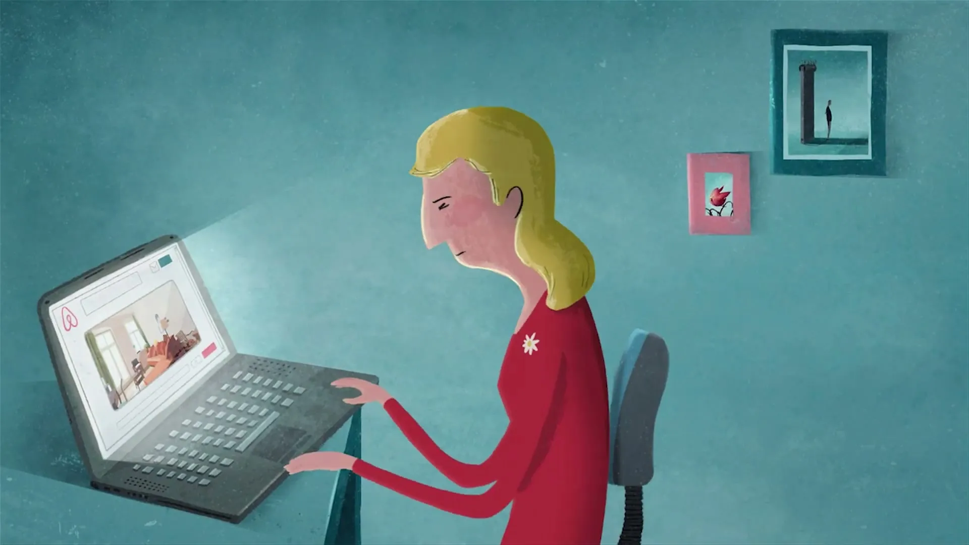 An animated woman with blonde hair and a red shirt sits at a desk, looking at a laptop with the Airbnb website open, in a room with blue walls.