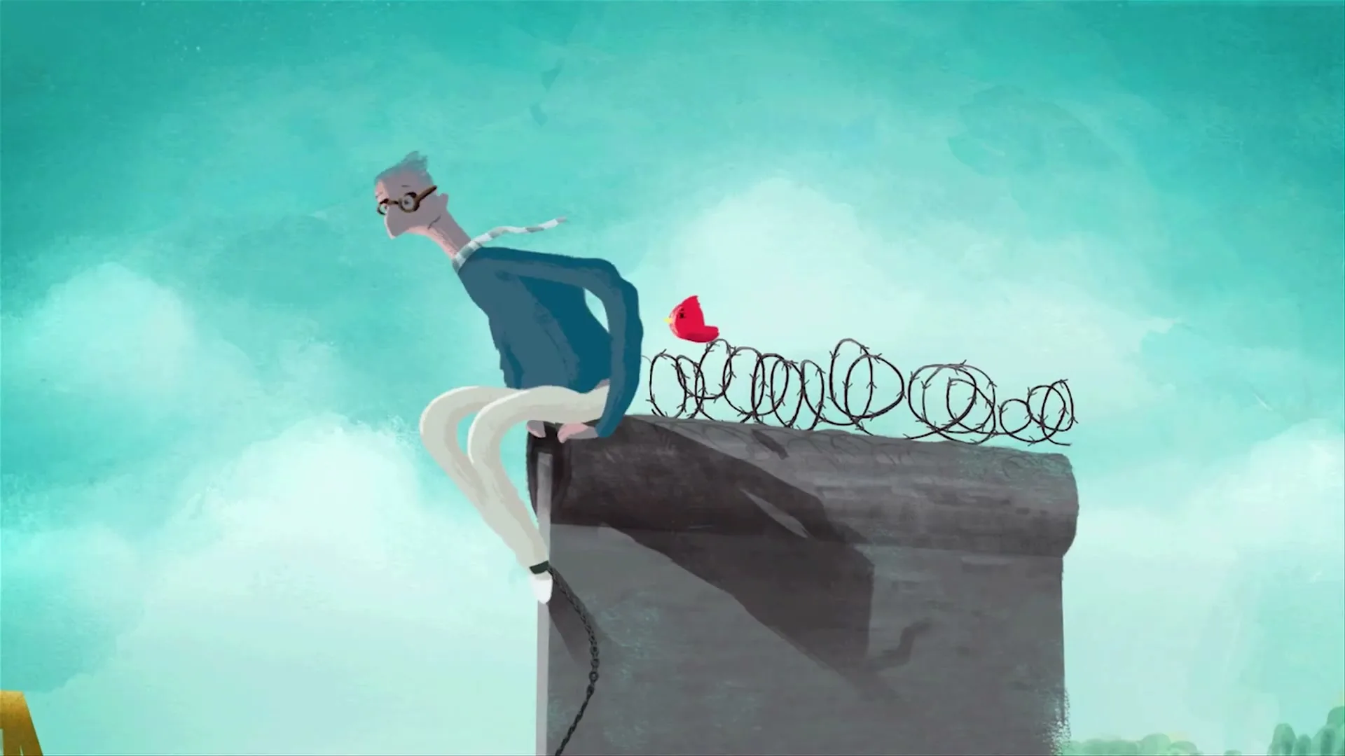An animated old man with glasses and a blue jacket sits on a wall with barbed wire, looking over his shoulder at a red bird.