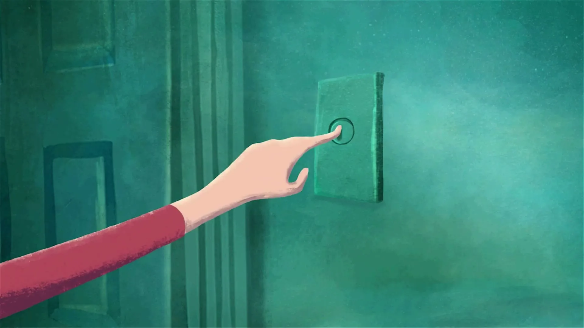 An animated hand with a red sleeve presses a doorbell button on a teal wall.