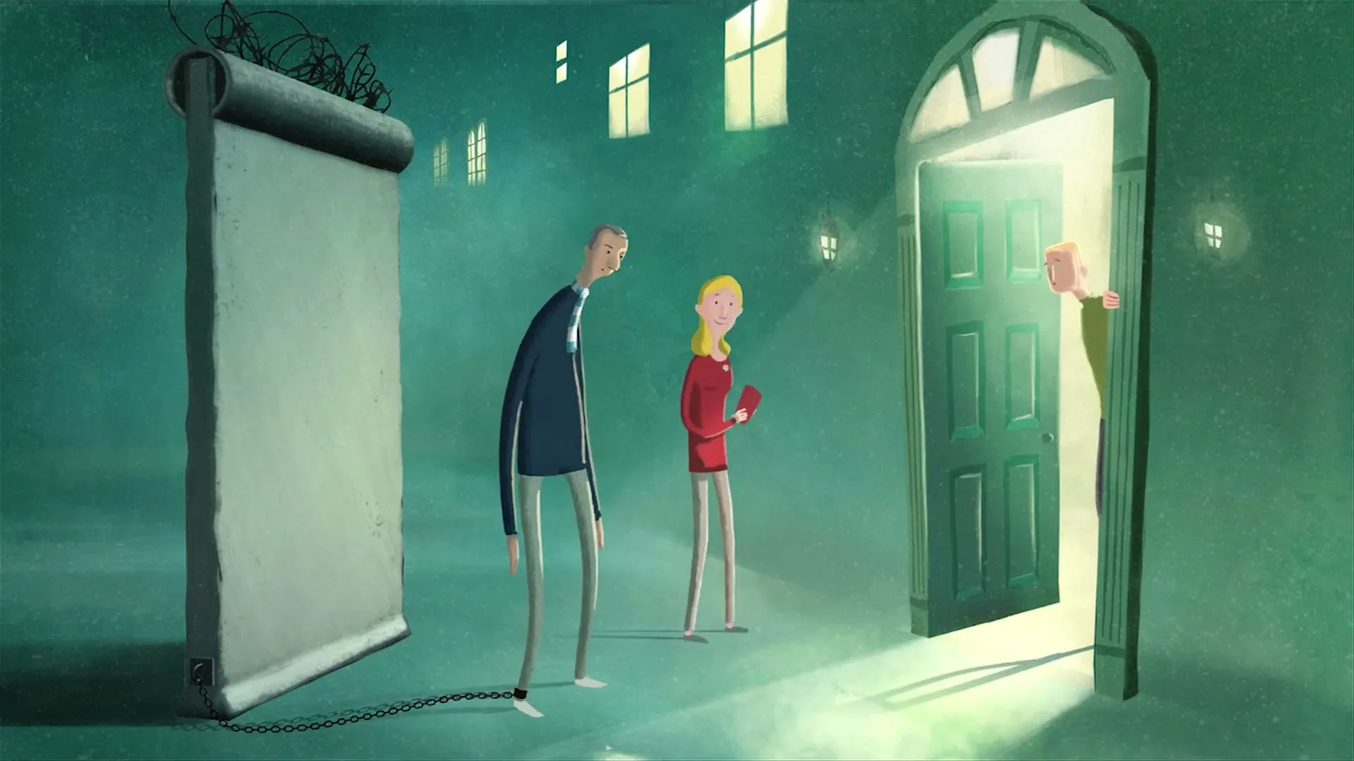 A man and a woman, both animated, stand in a dark hallway as a third man opens a door, inviting them in, in a stylized animation.