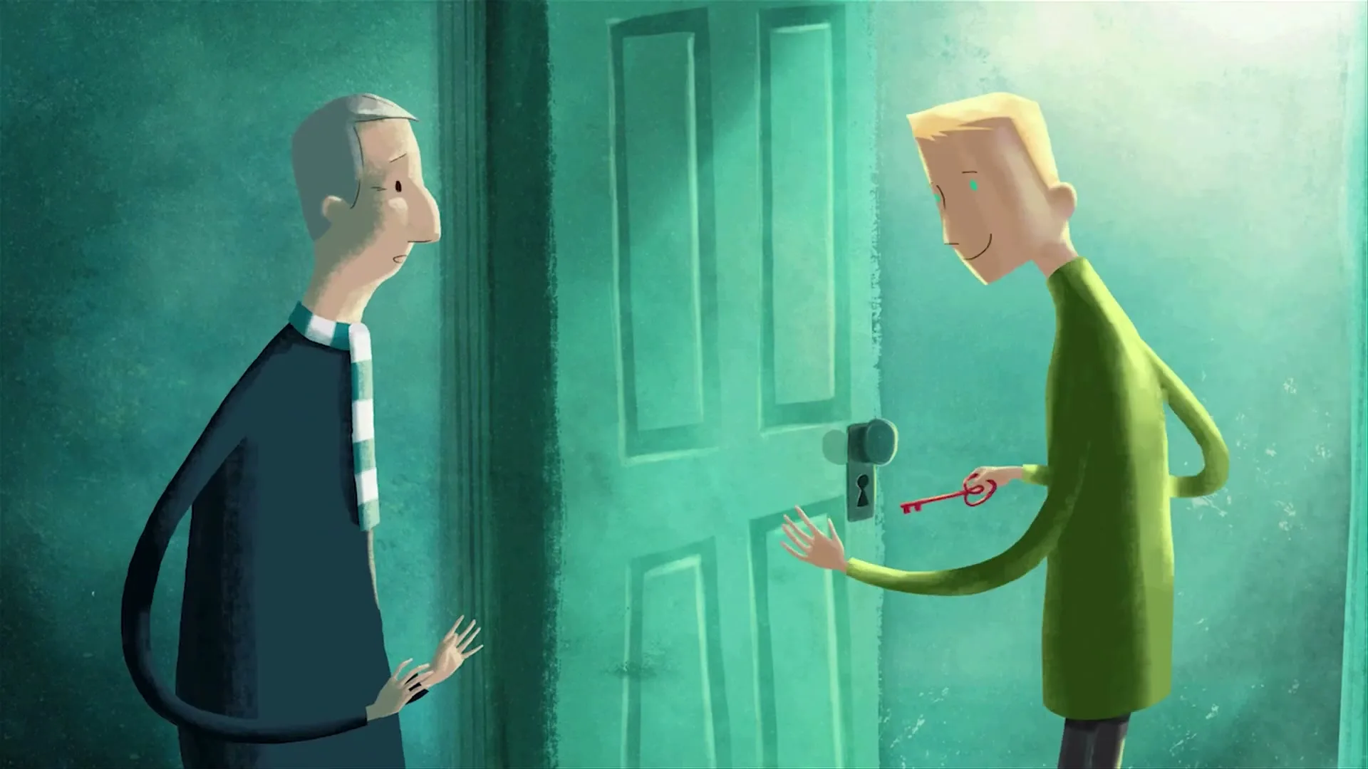 An animated young man in a green shirt hands a red key to an older man in a dark suit and striped tie, standing in a doorway.
