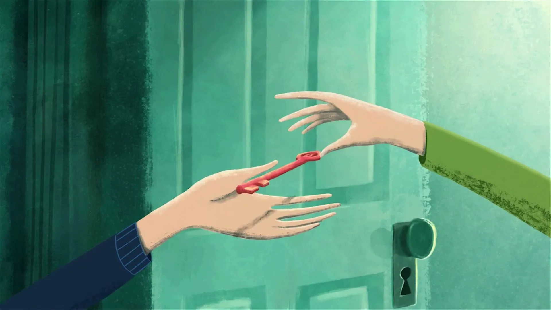 Two animated hands, one in a blue sleeve and one in a green sleeve, exchange a red key in front of a green door.