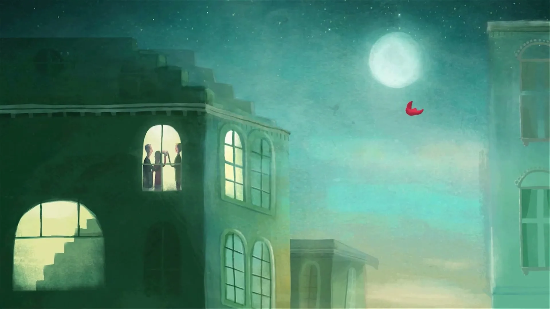 Three people stand in a brightly lit window of a tall building at night, as a small red bird flies past a full moon.