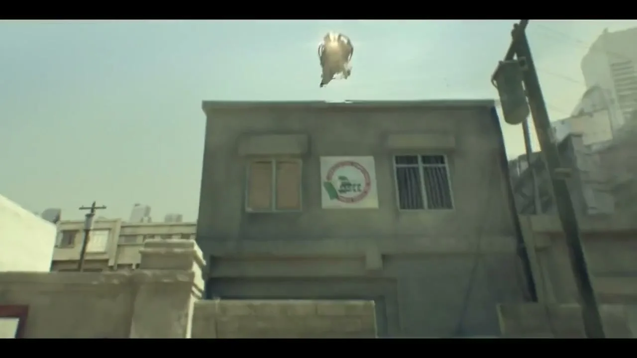 A soldier in futuristic combat gear jumps high into the air from a dusty, war-torn street, soaring over buildings under a bright sky.