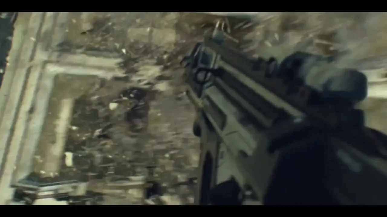 A soldier in tactical gear rappels down the side of a building, then bursts through a window, firing a weapon in a chaotic action sequence.