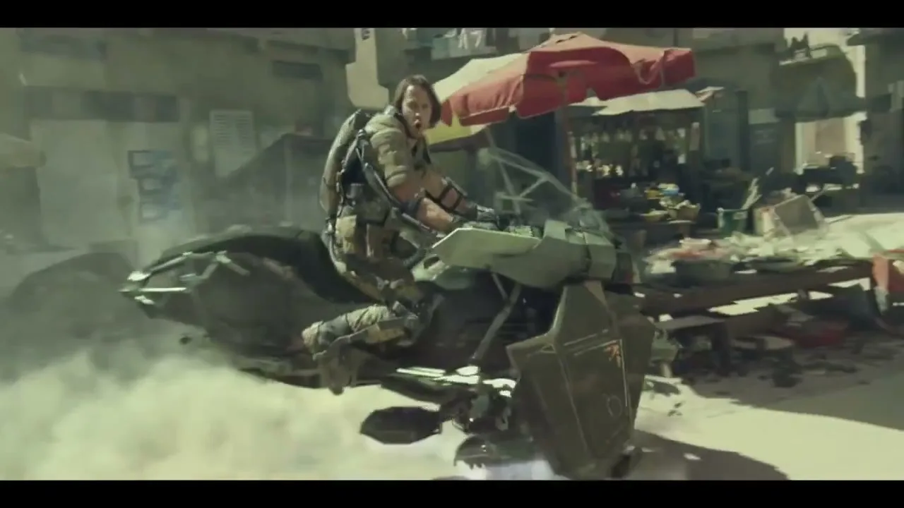 A male soldier in tactical gear rides a futuristic hoverbike through a dusty, war-torn street market, kicking up debris as he speeds past damaged stalls.