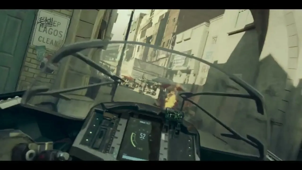 A first-person view from inside a futuristic vehicle as it speeds through a war-torn city, dodging explosions and debris.