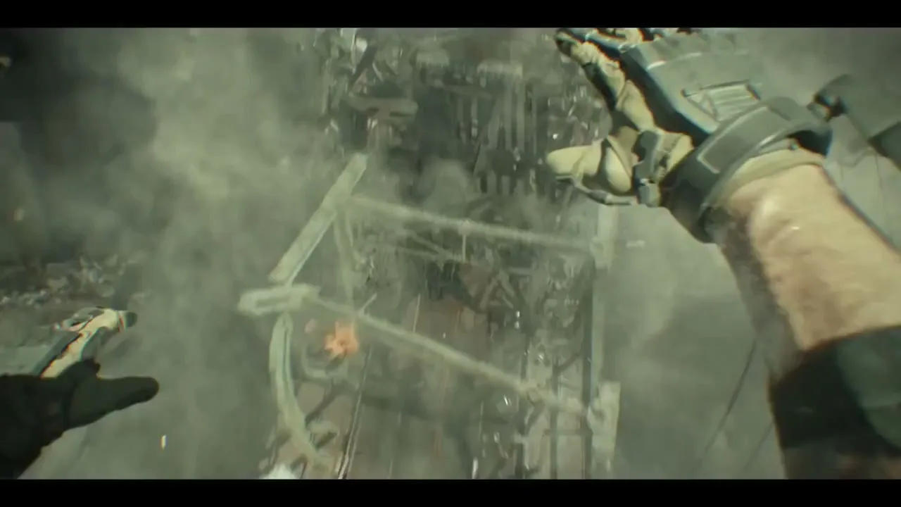 A man in a futuristic suit drives a motorcycle on a collapsing bridge, then falls and shoots at enemies in a chaotic, action-packed sequence.