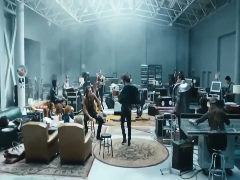 A wide shot shows a large group of musicians and crew members in a spacious, industrial-style recording studio, with various instruments and equipment scattered around.