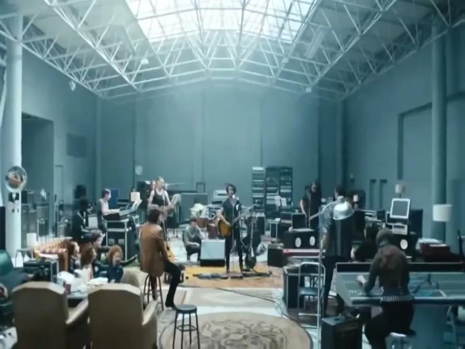 A wide shot shows a band performing in a large, industrial-style recording studio with many people working and observing.