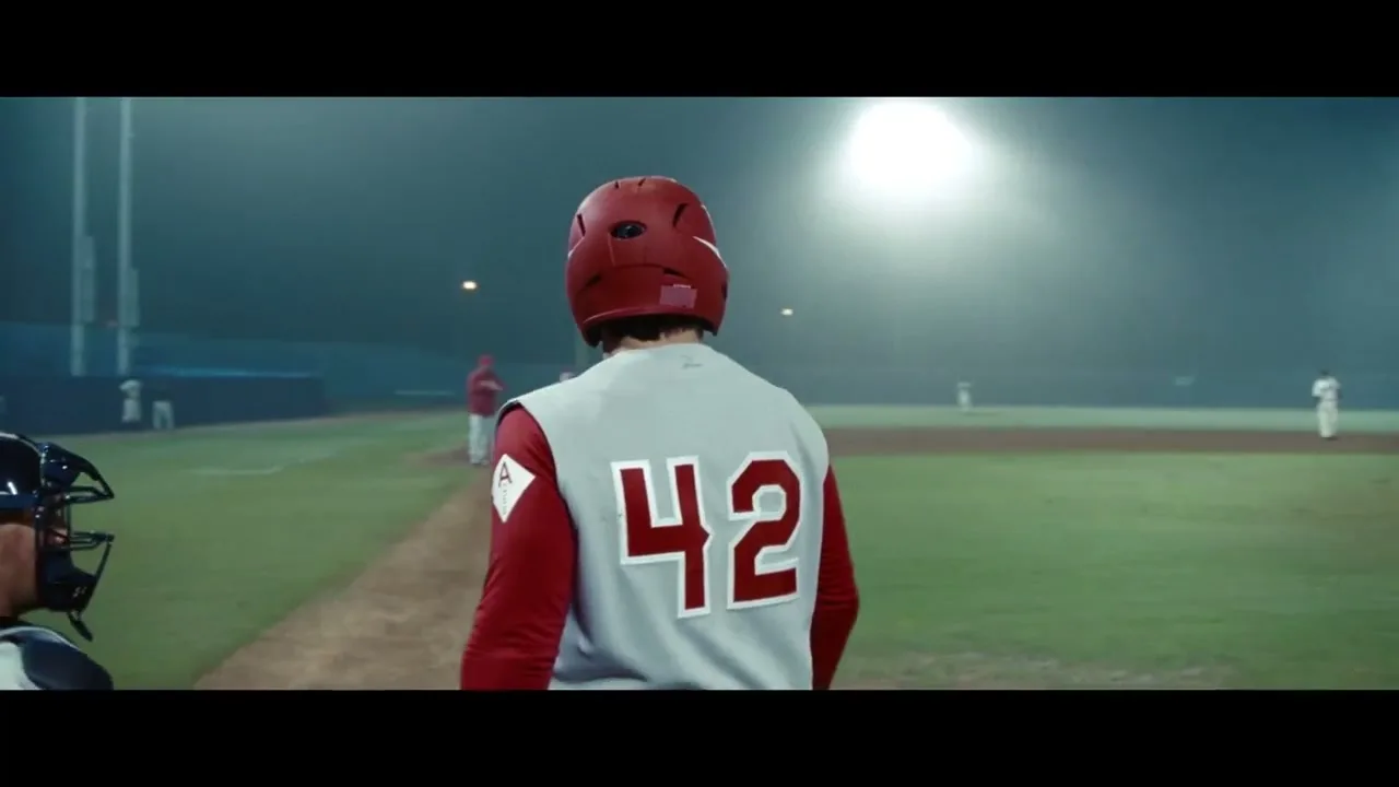 A baseball player in a red helmet and gray jersey with number 42 bats, then runs to first base, then stands on first base, on a baseball field at night.