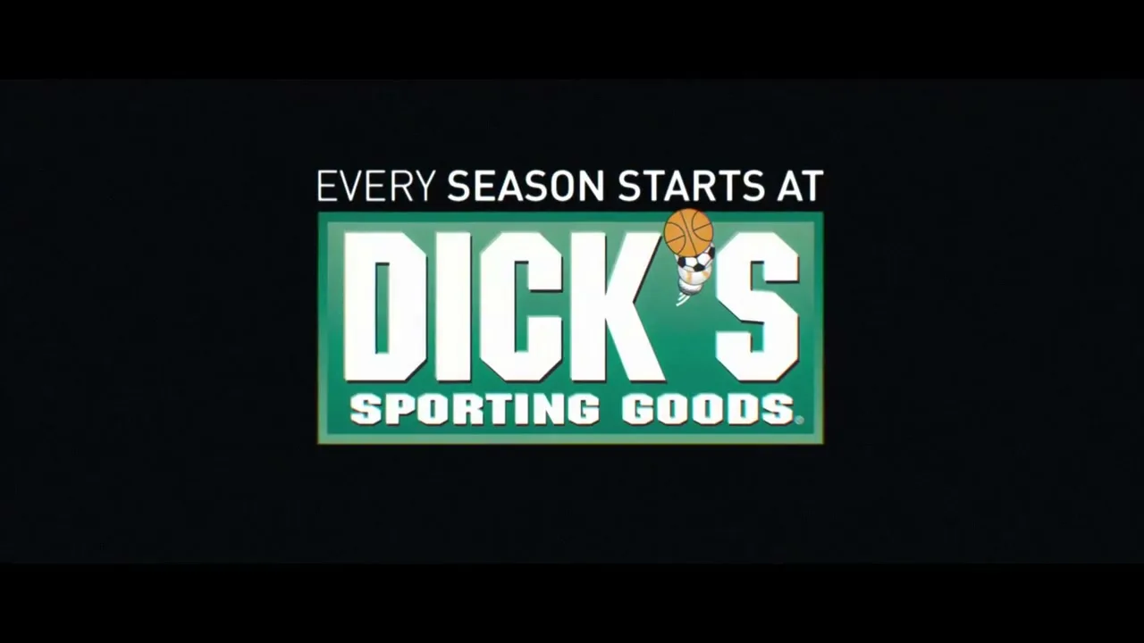 The Dick's Sporting Goods logo, a green rectangle with white text, is centered on a dark background with a tagline above it.