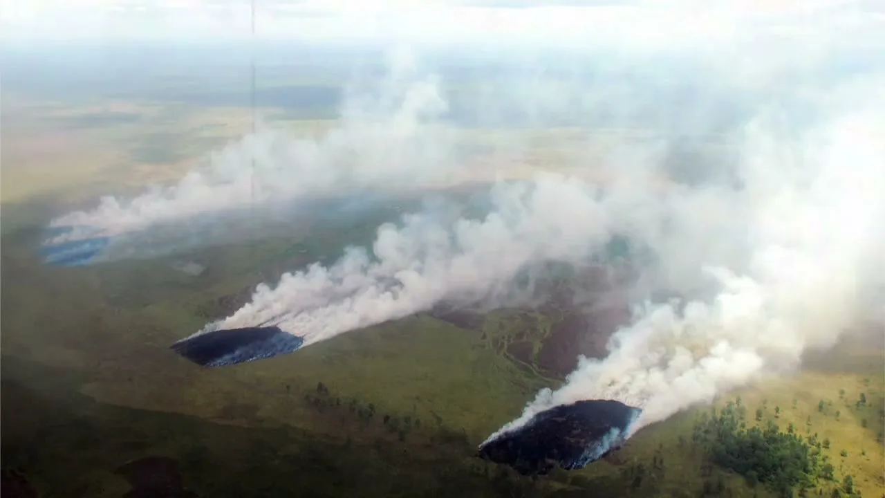An aerial view shows multiple large fires burning across a vast green landscape, emitting thick white smoke into the hazy sky.