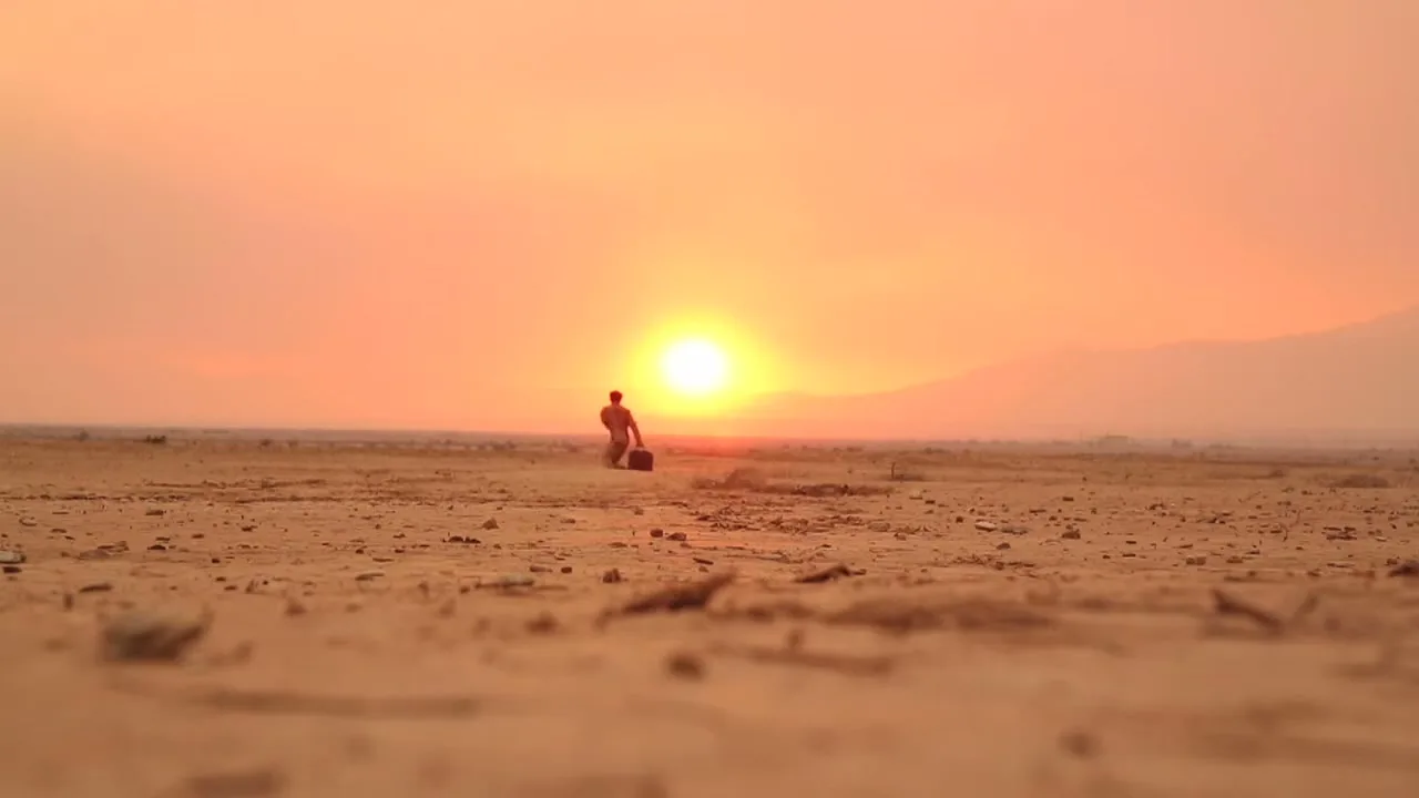 A lone figure, seen from behind, walks across a vast, barren desert landscape towards a bright setting sun, carrying a suitcase.