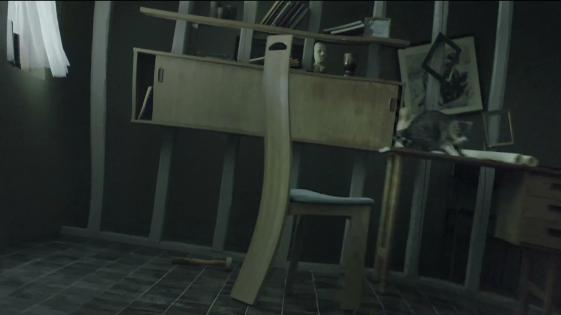 A cat walks across a desk in a dimly lit, stylized room with a window and various objects.