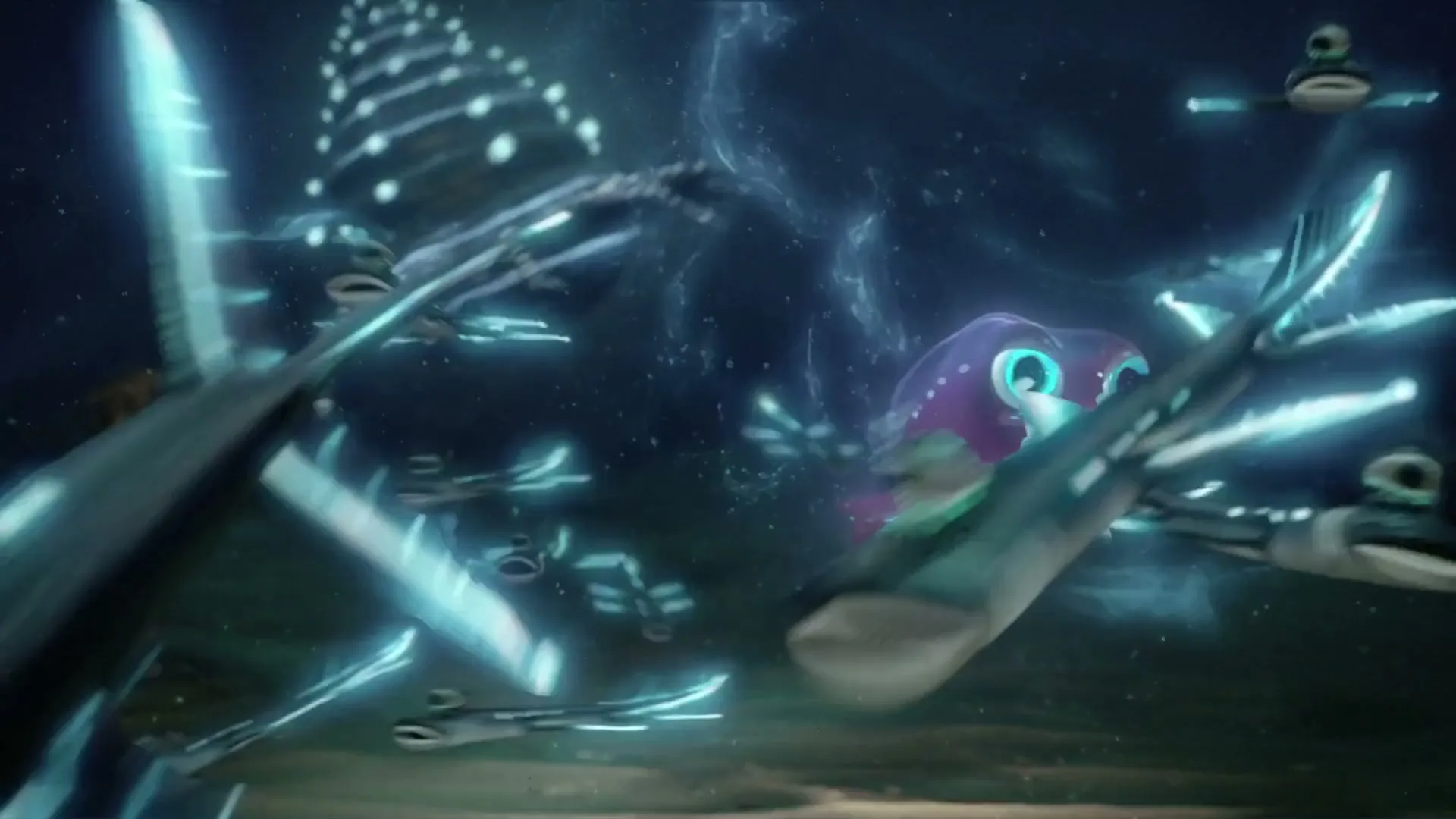 A small, purple, wide-eyed fish swims in the deep ocean, then is surrounded by many other glowing fish, before swimming away.