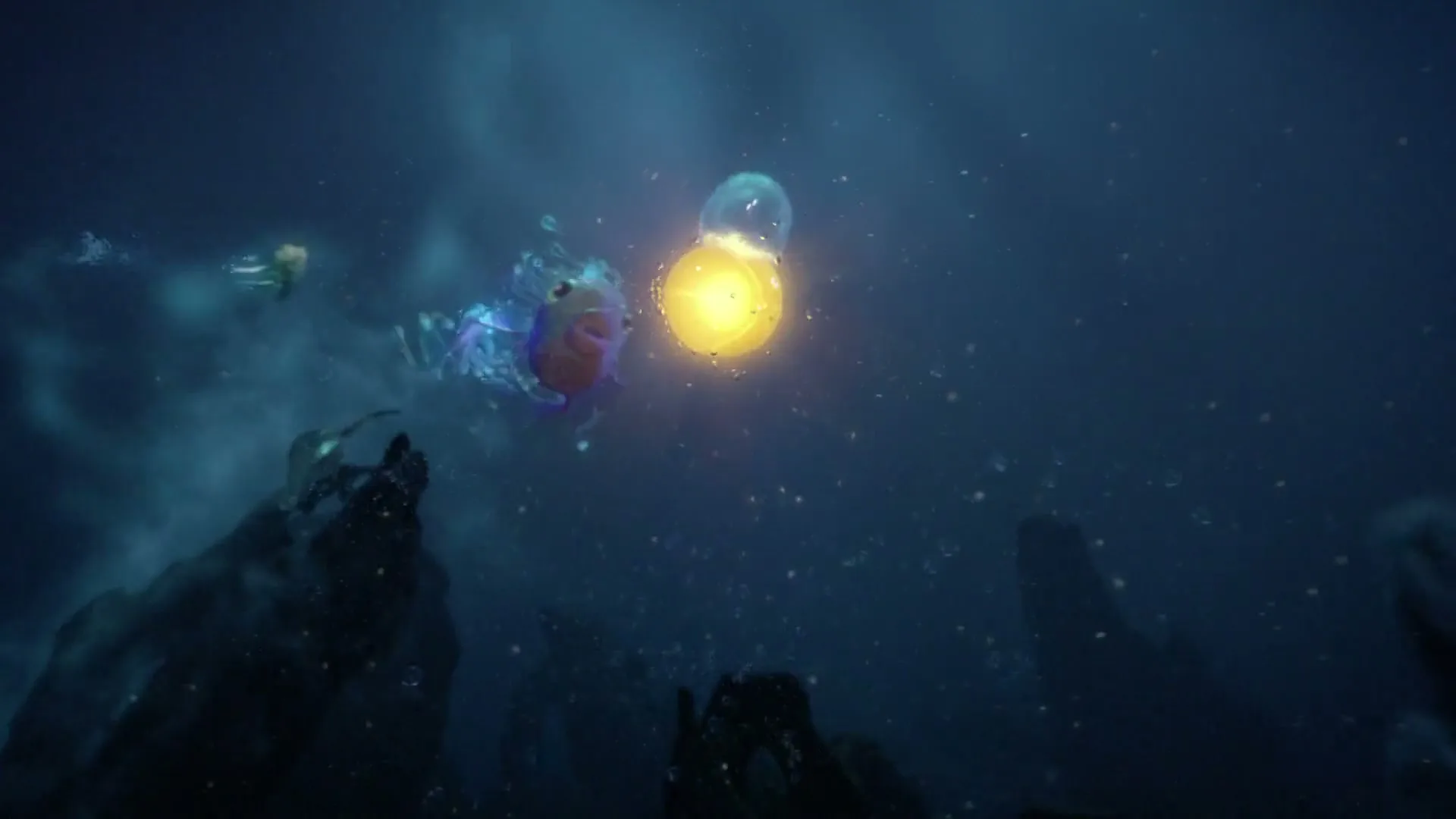 A small, glowing yellow orb is chased by a colorful fish and other sea creatures through a dark, fantastical underwater world.