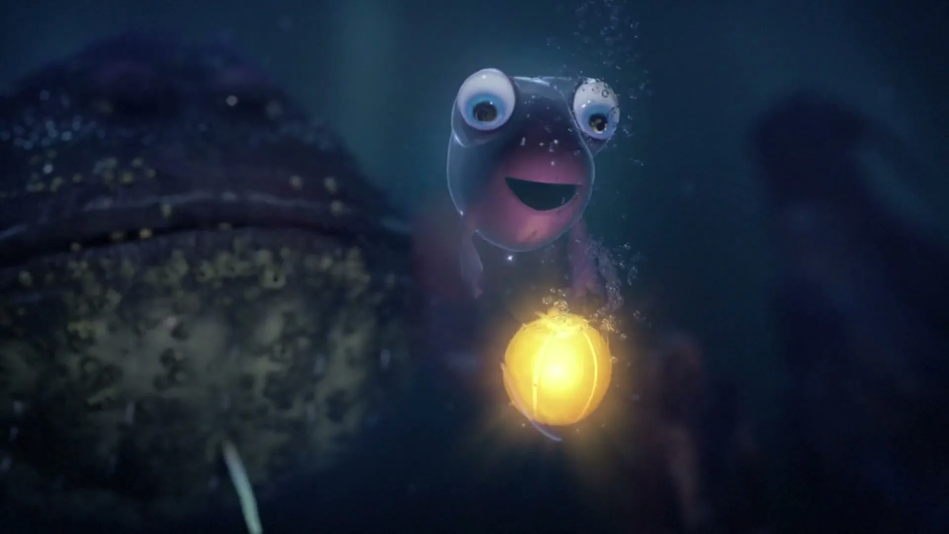 A small, purple, wide-eyed fish with a glowing orb swims towards a large, dark, barnacle-covered fish in the deep blue ocean.