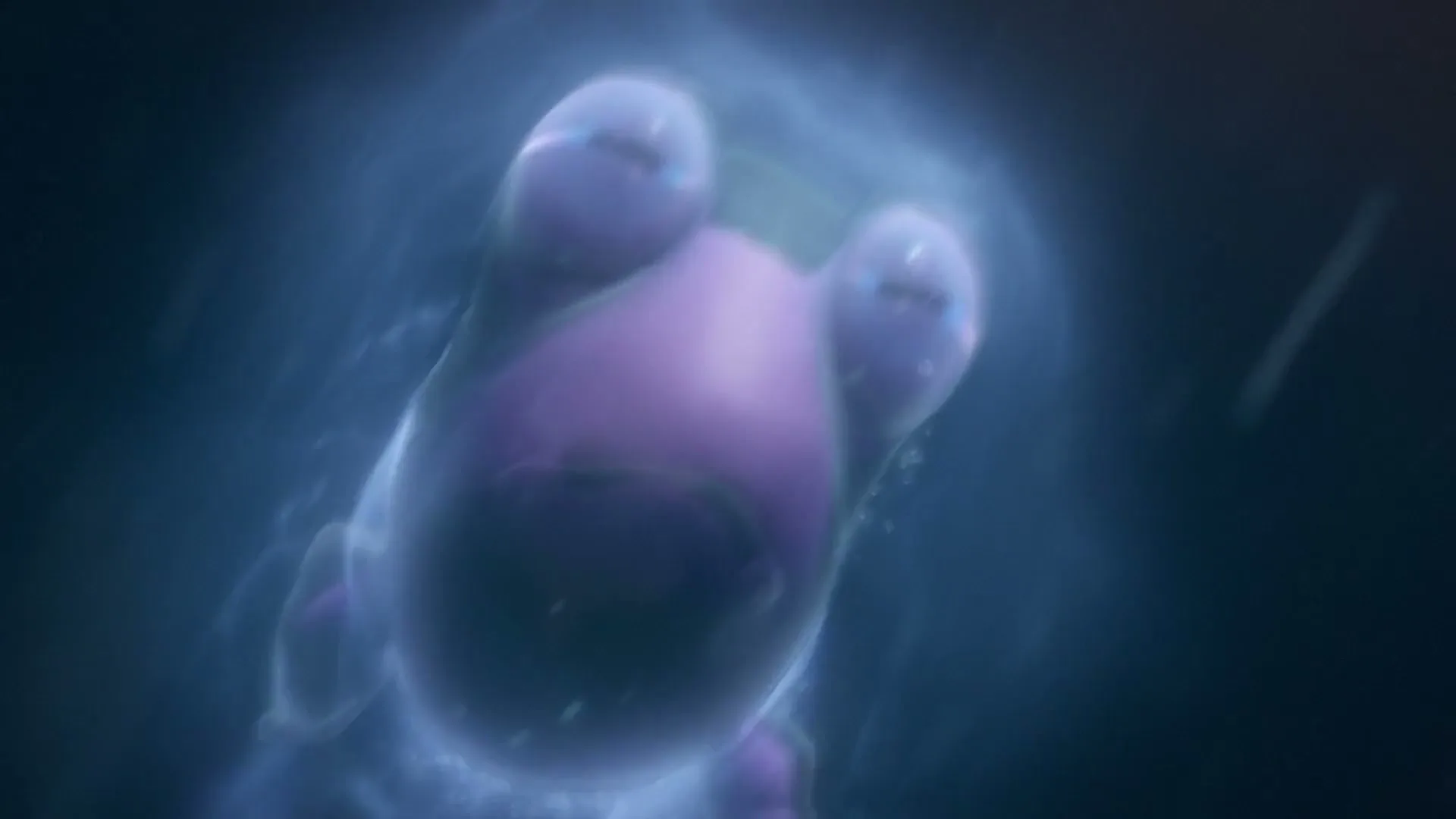 A pink, round, cartoon-like creature with large eyes and small limbs floats in a blue, ethereal space, slowly rotating and becoming clearer.
