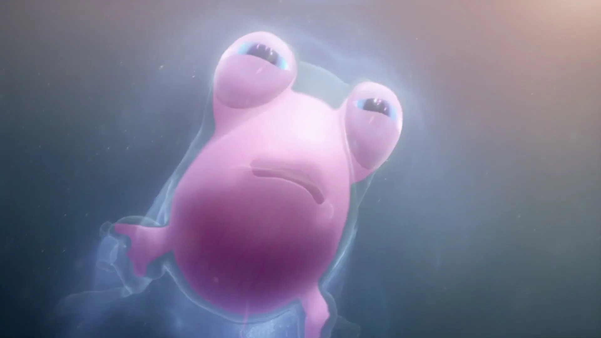 A pink, blob-like animated creature with large eyes and small fins floats in a blue, watery environment.