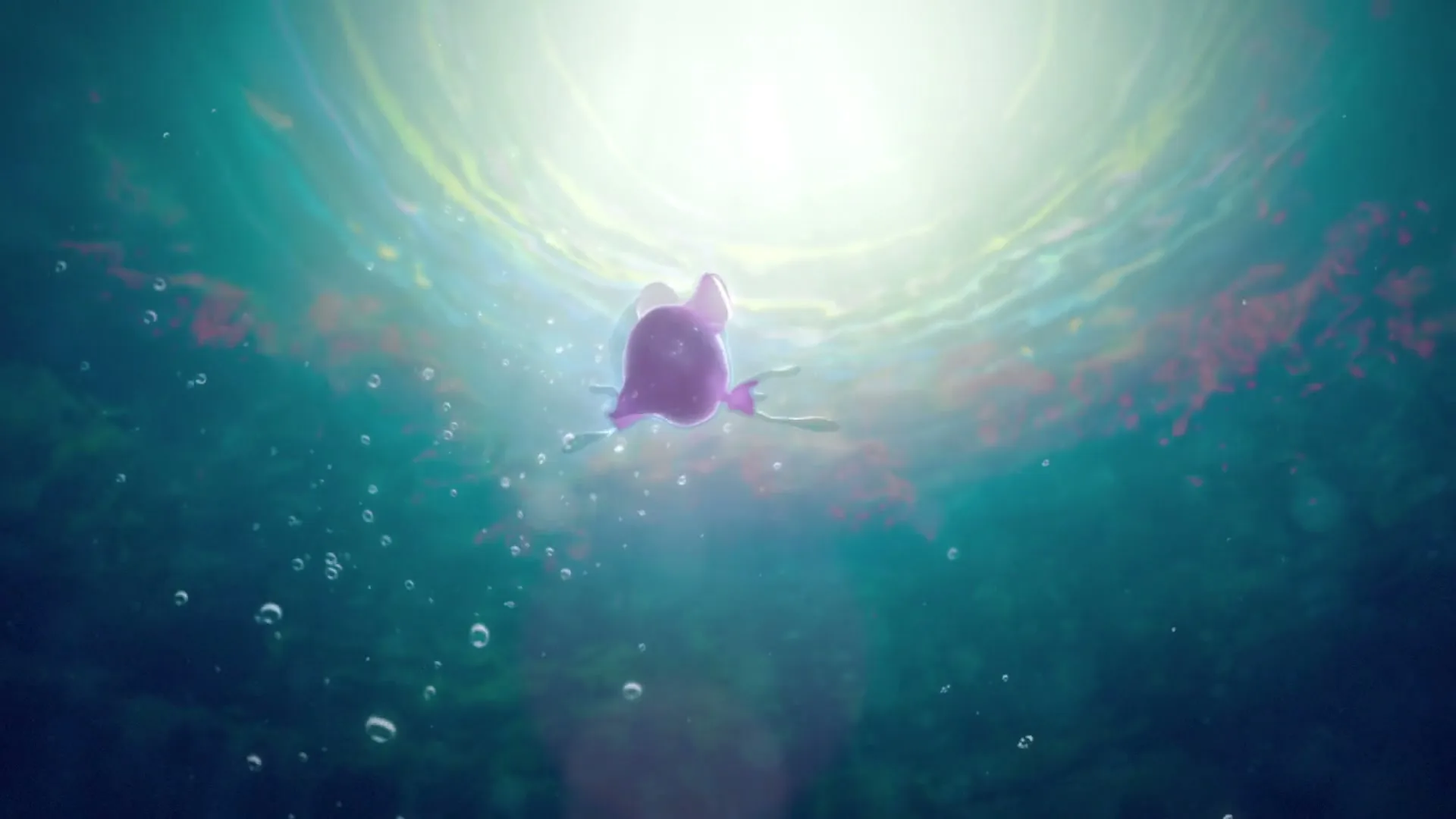 A small, purple, translucent creature with fins swims upwards towards a bright light on the water's surface in a vibrant underwater scene.