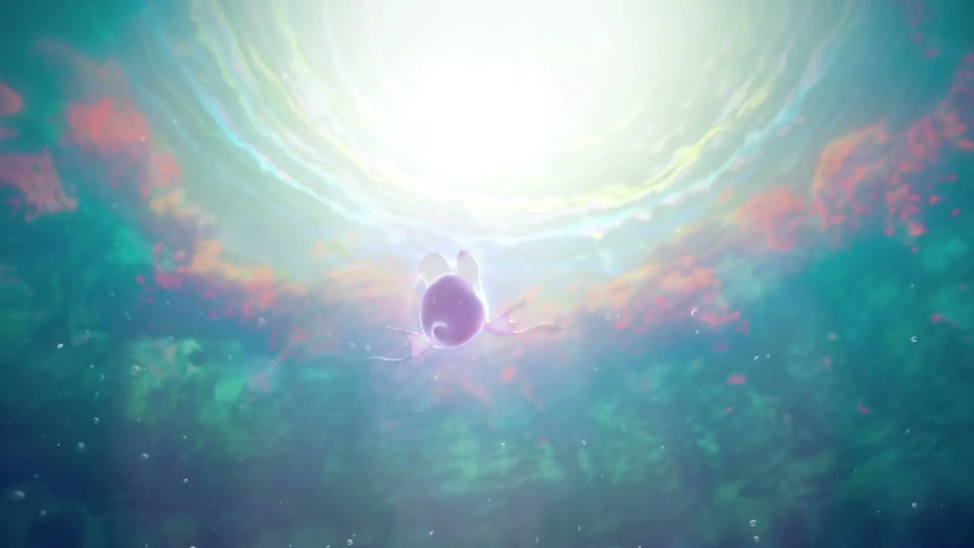 A small, purple, stylized creature with large ears swims upwards towards a bright light in a vibrant, colorful underwater environment.