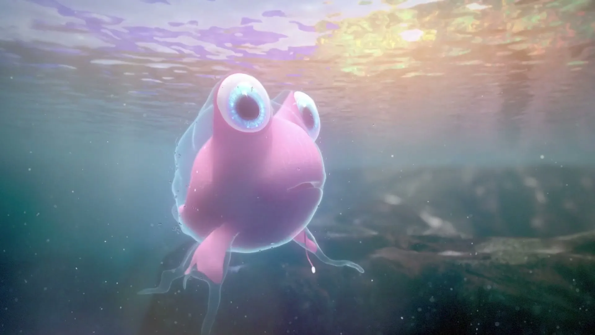 A cute, pink, animated creature with large eyes and translucent fins swims underwater, looking around in a vibrant, sunlit ocean.
