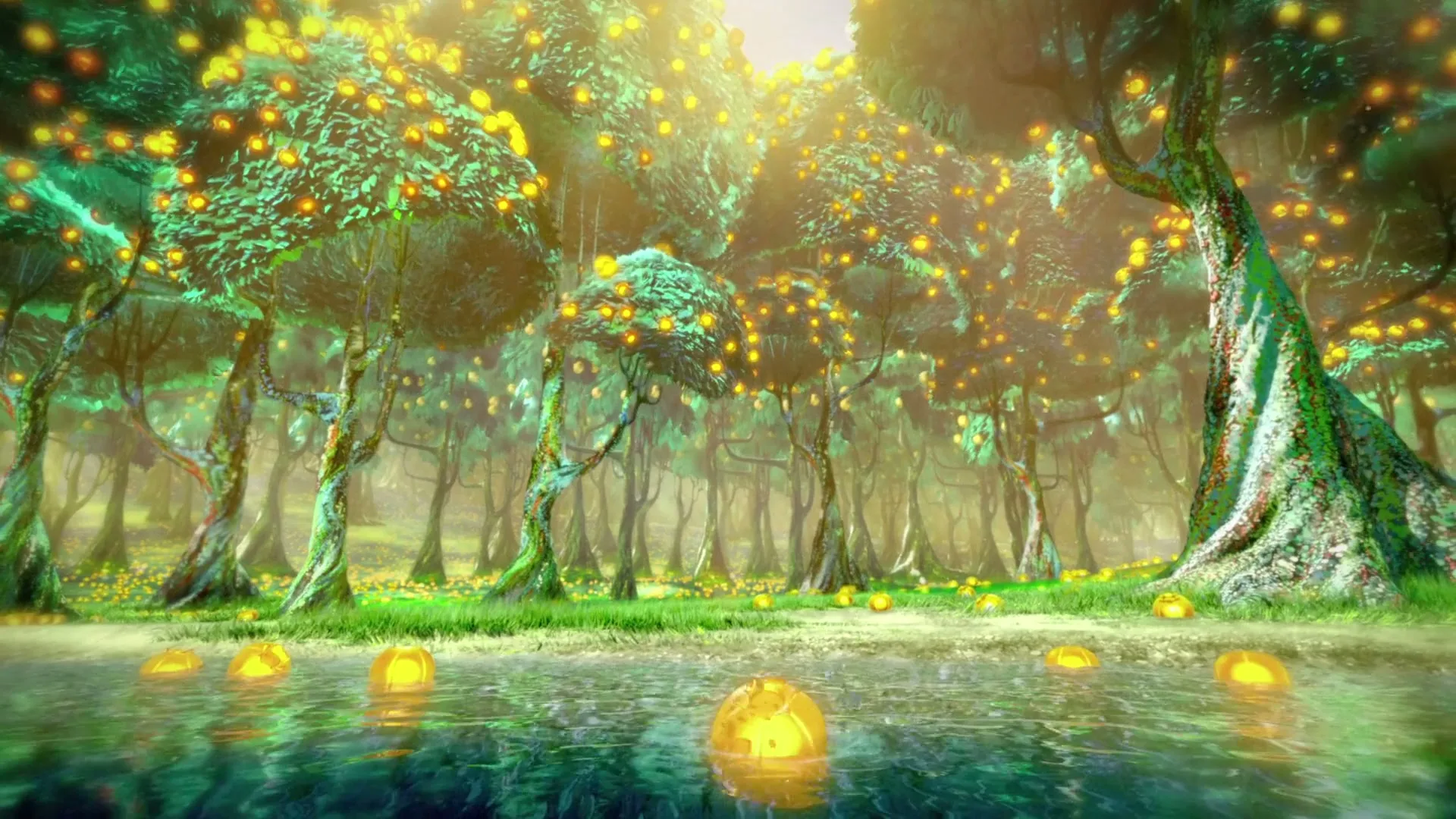 A magical forest with glowing trees and luminous orbs floating on water, creating a serene and enchanting atmosphere.