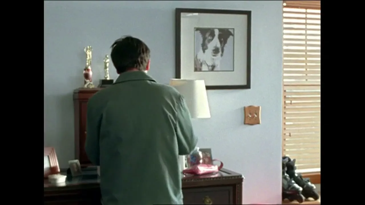 A man in a green jacket stands with his back to the camera, looking at a dresser with trophies and a dog portrait on the wall in a bedroom.