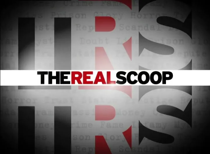A graphic title card with "THE REAL SCOOP" and "FRED FLINTSTONE" appearing on a white bar, against a background of repeating "TRS" letters and newsprint text.