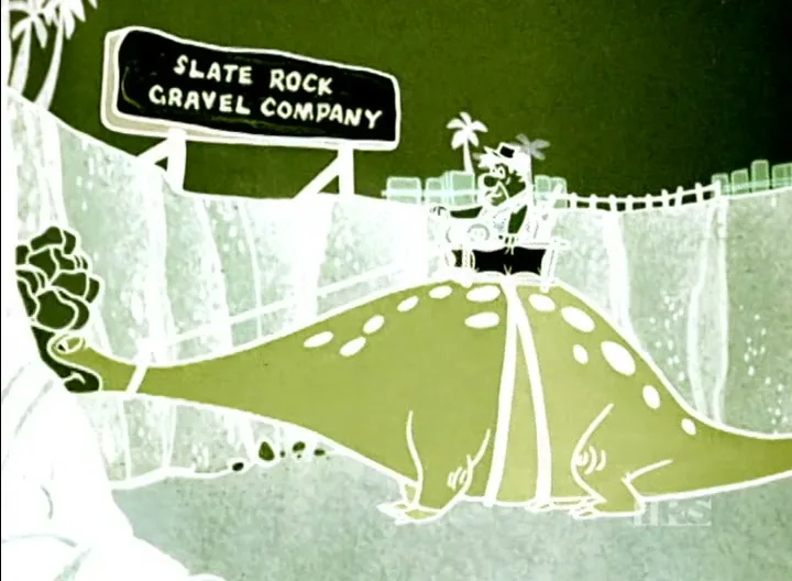 A cartoon dinosaur with a small man on its back walks past a "Slate Rock Gravel Company" sign in a negative-colored, animated scene.